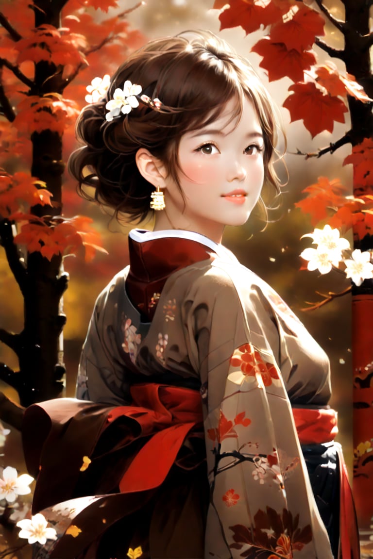 score_9,score_8_up, masterpiece, in the style of a hanafuda deck, a lovely Japanese girl (short cute brown hairdo, soft smile, dimples, kimono, elegant, wondrous expression)  walking under bright-red maple leaves), (Japanese Hanafuda design background).