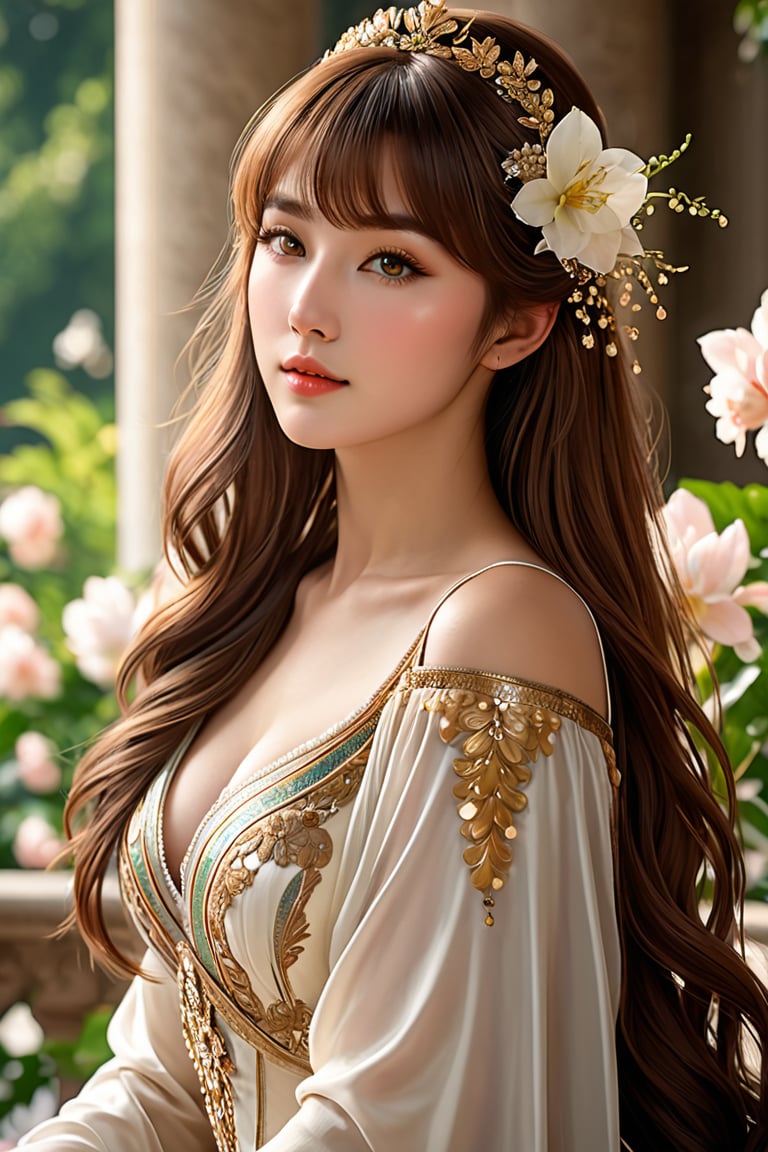 (full body:1.9), A majestic goddess blooms in a lavish palace setting. She sits serene, her long chestnut hair framing her face with high bangs. Her eyes, radiant with light brown hues and highlights in the pupils, gaze upward as her chin subtly tilts towards the sky. Plump cheeks and lips curve into a gentle smile, illuminating her small, exquisite features. Delicate Dutch-inspired brushstrokes bring her physiologically correct body to life, set against an out-of-focus background with shallow depth of field. The 350mm telephoto lens captures every detail in stunning 8K resolution, with noise removed for unparalleled realism. Her skin glows with a subtle shine, as if kissed by the divine. Unreal Engine's precision rendering brings this digital masterpiece to life, showcasing her enchanting beauty.