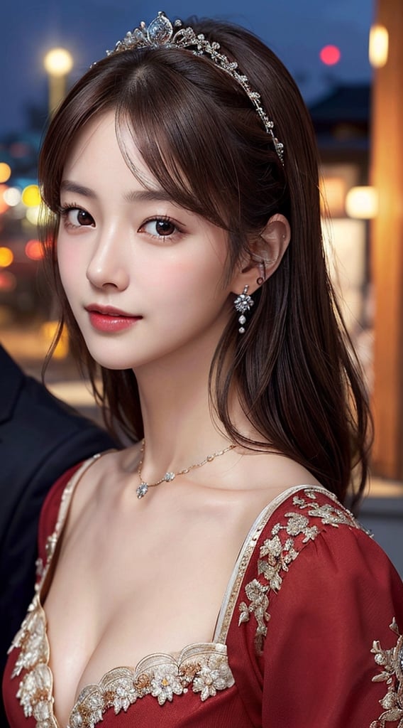 (best quality, masterpiece:1.2,  photorealistic:1.4,  highly detailed),  1 girl,  in her 20s,  detailed beautiful face,  smile,  detailed beautiful eyes,  medium-length light-brown hair,  wearing a fashionable red dress,  looks like a princess,  cleavage,  hair ornament,  earrings,  necklace,  realistic detailed skin texture,  detailed hair,  at hotel lounge,  at night,  sharp focus,  cowboy shoｔ portrait,  asian girl,  from above,  