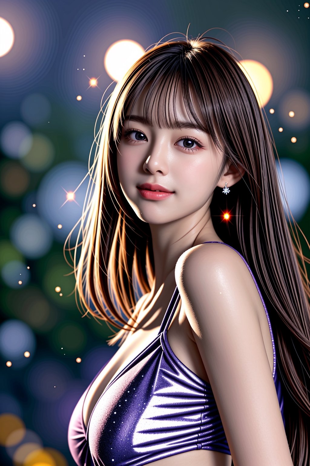 1 girl, very bright backlighting, solo, (beautiful and detailed eyes), autumn night, (large breasts:1.3), dazzling moonlight, calm expression, natural and soft light, hair blown by the breeze, delicate facial features, Blunt bangs, beautiful korean girl, eye smile, very small earring, 24 yo, ((model pose)), Glamor body, fantastic night forest, (colorful hair, Half blue and half brown hair:1.2), (blue and yellow flowers are in full bloom), (red and purple theme), film grain, hair blowing in the wind, (from below:1.3), cute smile, ((mesh swimsuit)), (sparkling fine particles:1.8),<lora:659111690174031528:1.0>