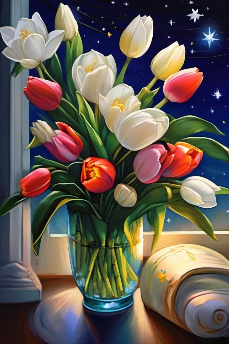 (A masterpiece),  A beautiful Gardenias flower,  tulips flower, pickle jar bouquet, vivid color,  under a stary night sky,  a vivid moon light