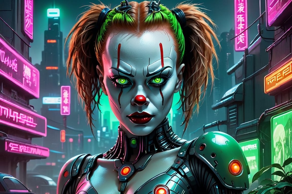 Cyberpunk artwork inspired by Pennywise from the movie IT, set in a futuristic fashion cyberpunk universe. Sexy, Emphasize her seductive allure, beautiful face, perfect eyes, perfect nose shape, perfect lips, perfect hands, vibrant green foliage, neon-lit cityscape, and intricate cybernetic enhancements. Capture the essence of danger and allure in this cyberpunk masterpiece., cyberpunk style