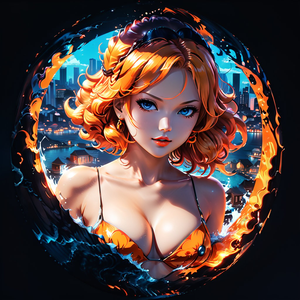 Create a mesmerizing artwork inspired by Nami from One Piece,  set in a aesthetic universe,  Emphasize her seductive allure, big boobs, beautiful face, perfect eyes, perfect nose shape, perfect lips, perfect hands ,vibrant Orange foliage, neon-lit cityscape, and intricate retro enhancements. Capture the essence of danger and allure in this aesthetic masterpiece., retro aesthetic style,detailmaster2,p3rfect boobs