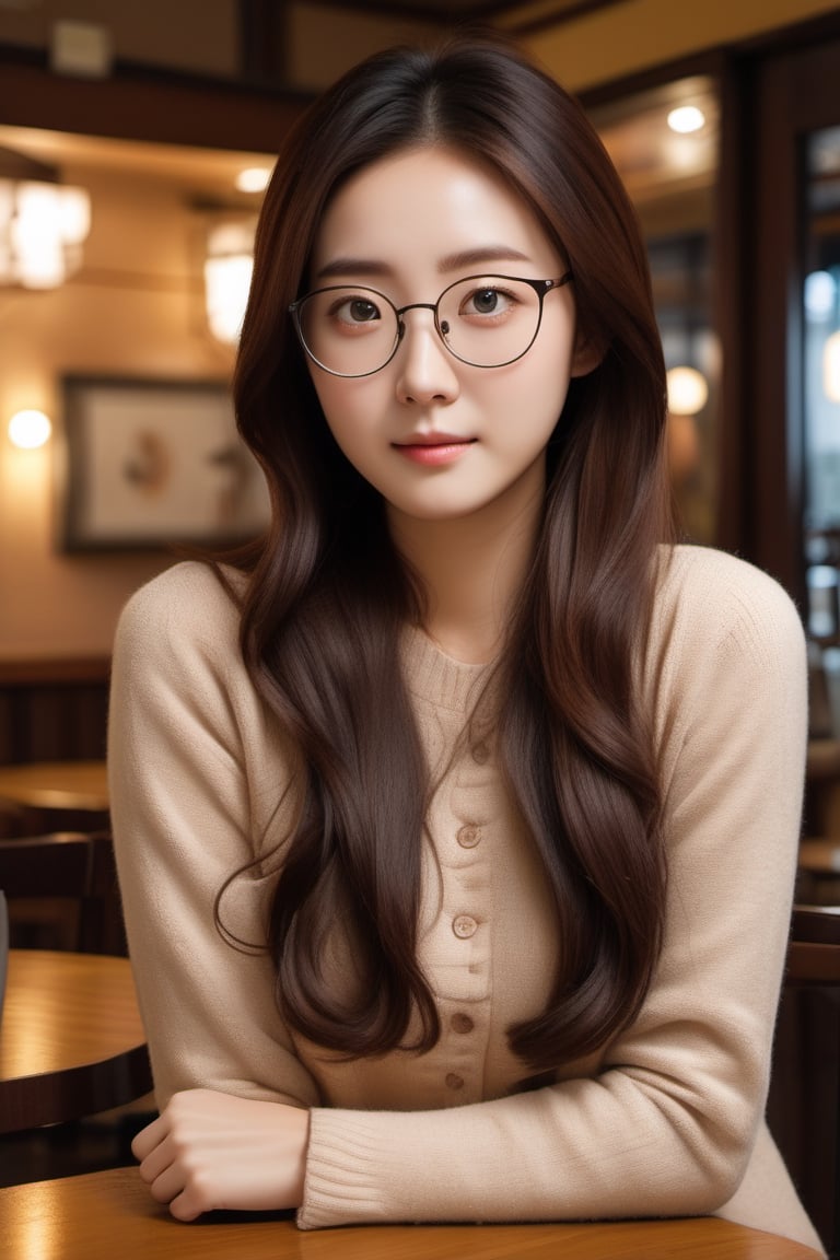 “Create a highly detailed photo realistic masterpiece of an image of a half-body portrait of a 25-year-old Korean woman with strikingly beautiful features. She is wearing elegant spectacles that complement her look. Her long, curvy hair flows gracefully around her shoulders. She is wearing a brown Color right body suit. She have medium breast. The woman is facing the camera, capturing her confident and warm expression. The scene is set in a cozy restaurant, with soft ambient lighting that accentuates her features. The camera used is a Canon 50mm lens with a wide-open aperture of 1.8, creating a beautiful bokeh effect in the background.”,yua_mikami,LinkGirl