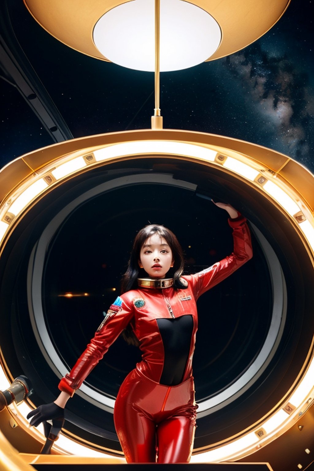 1girl, asian, black hair, in a space ship capsule, Space explorers, Stanley Kubrick, 2001 A Space Odyssey, Awe-inspiring technology, gold-black radiance, motion poses, tight_outfit, red space suit,