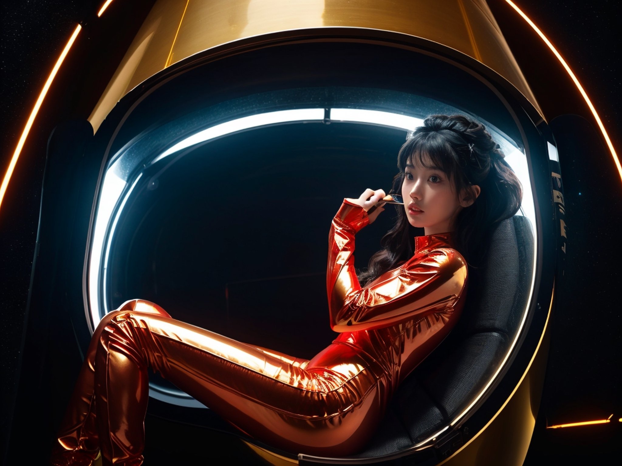 1girl, asian, black hair, in a space ship capsule, Space explorers, Stanley Kubrick, 2001 A Space Odyssey, Awe-inspiring technology, gold-black radiance, motion poses, tight_outfit, red space suit,