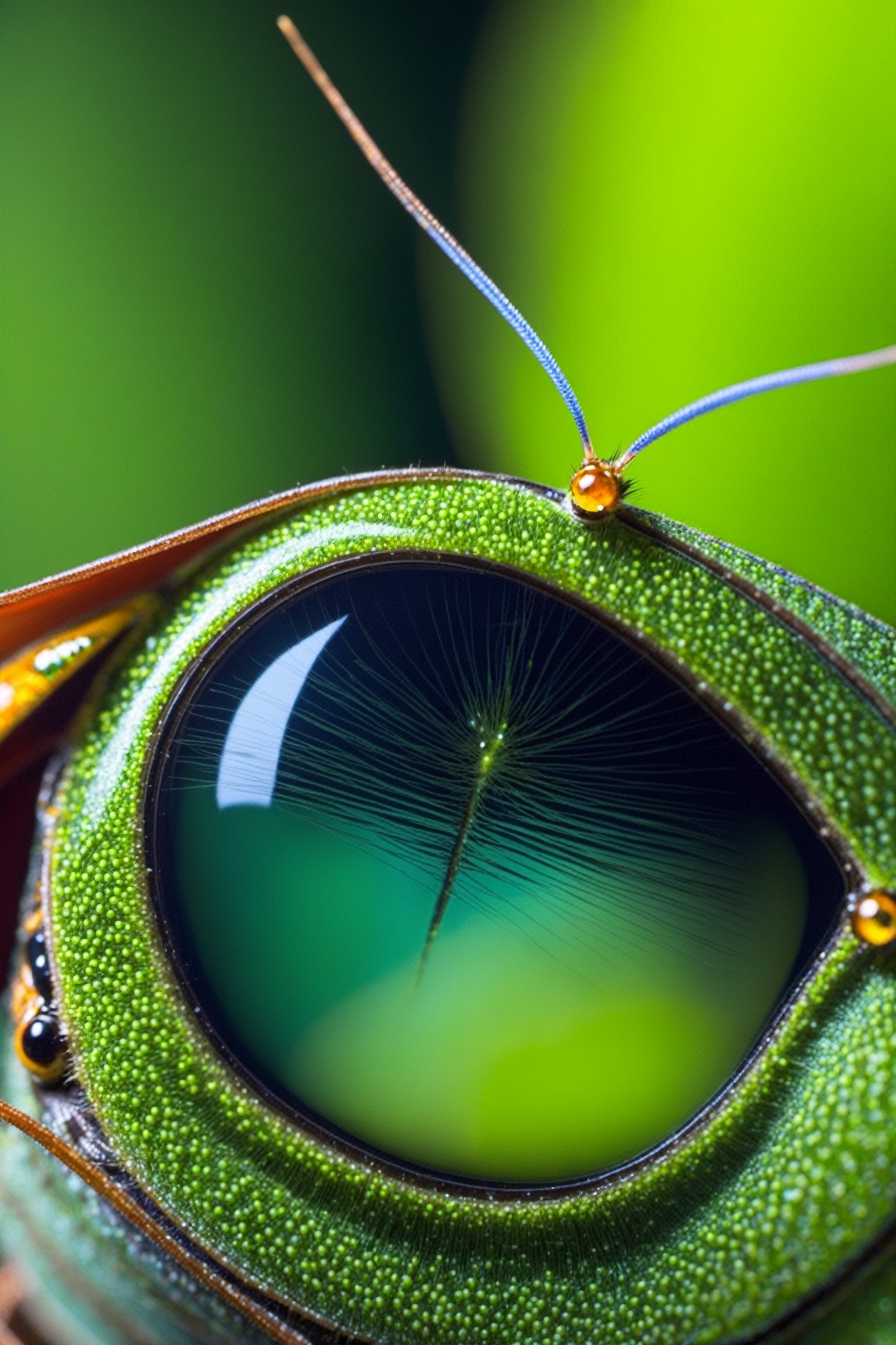 Generate a detailed description of a grasshopper's eye, including its size, color, structure, and any unique features. Provide information about the compound nature of the eye, the arrangement of facets, and any adaptations that make it well-suited for the grasshopper's environment. Describe the eye's role in the grasshopper's life, such as its use in locating food, detecting predators, or finding mates. Use vivid and evocative language to paint a clear and fascinating picture of this remarkable organ