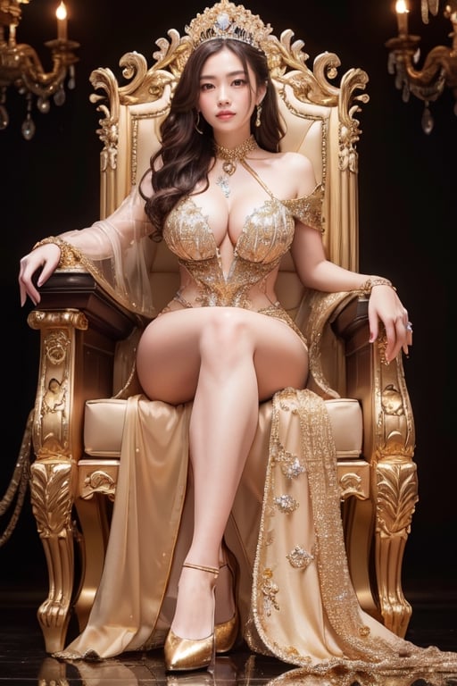 (masterpiece, best quality:1.4), sexy, hourglass figure, expressive eyes, long hair, Korean female empress sitting on throne, legs crossed, confident, looking down at viewer, vibrant colors, heavy make-up, gold lipstick, gold hair, long gold nails, black and gold silk imperial gown,medium breast,cleavage, gl4ss,transparent,gradient,shiny,glint,reflection,gl4ss