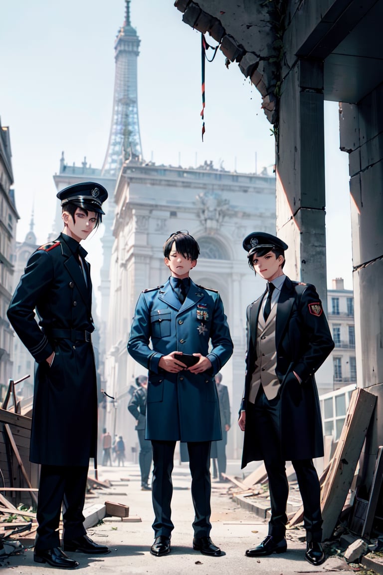  Three boys standing besides each other , with black hair, in military attire  and a coat , highlighted figure stands in the ruins of a  city, in front of  'paris tower' , adult, swastika marked band in hand,three boys are looking at camera 