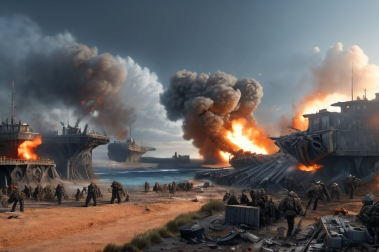 Generate a dramatic war scene set during World War II, depicting soldiers storming a beach under heavy artillery fire during the D-Day invasion. Capture the chaos and bravery of the soldiers as they push forward onto the shore.