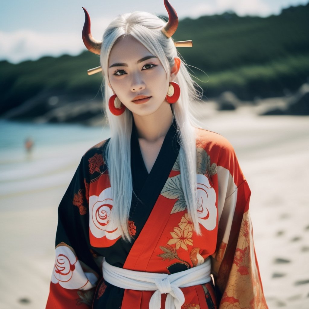 xxmixgirl, a (candid:2) shot of a beautiful japanese shy girl, with white hair, with red horns, with orange eyes, with (very large breasts:1.9),with earrings, wearing a kimono, age 21, yamato, one_piece, on a island, (full body:1.5), shot on Fujifilm XT4, (film grain:1.2), (fine grain:1.2), (Lomochrome color film:1.4)