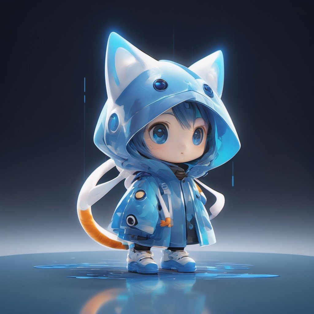 TenTen Mascot, micro designed cute monster, blue and white colored, minimalistic, 3d style, DonMCyb3rN3cr0XL ,Techno-witch, full body, holding a digital paintbrush, uses different colors for effects, palette