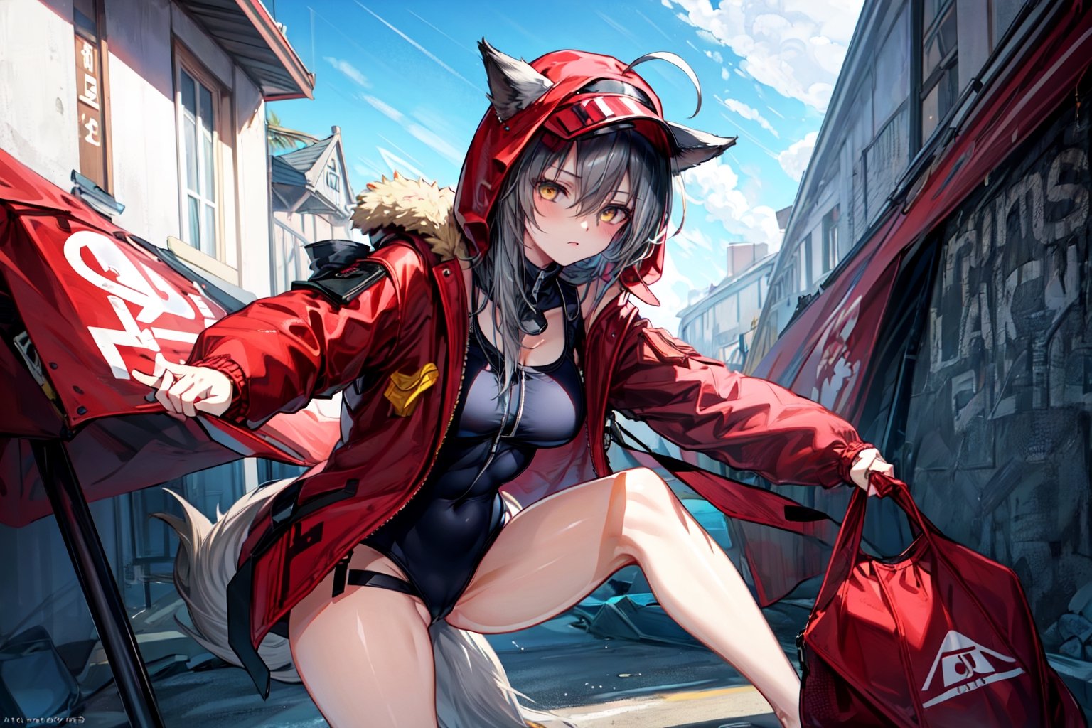 masterpiece, best quality , vivid colours,long hair,fullbody,High detailed,detailed face and eyes, long hair,camel_toe,panties showing,standing,front pov,microbikini almost showing privates,sfw,vulva,ahoge,1girl,dynamic pose,clothes floating with the wind,powerful colours,projekt red from arknights chilling in a roof top,1girl,gray hair,navel,hot body,projekt red light breeze, yellow eyes, leaning forward, jacket, wolf tail, hood, open jacket, hooded jacket, red jacket, black one-piece swimsuit, thigh strap, unzipped, highleg swimsuit, ears through headwear,