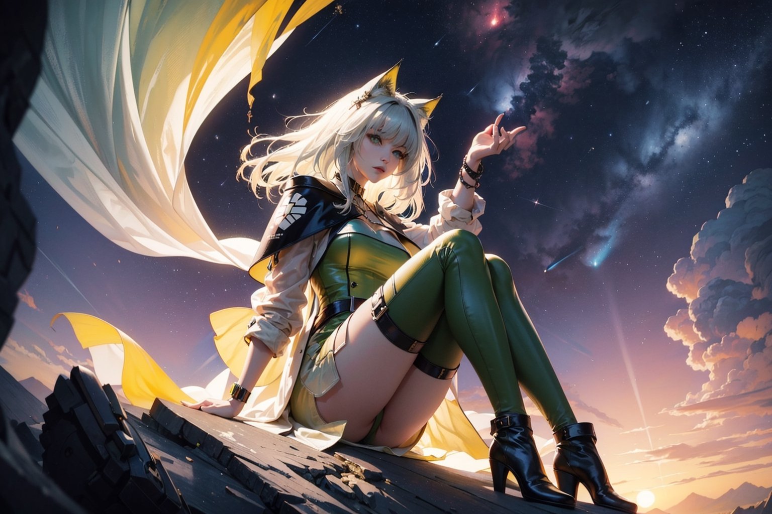 official art, ultra detailed, beautiful and aesthetic, masterpiece, best quality, 1girl, extremely detailed, dynamic angle, elegant, vivid colours,long hair,fullbody, green eyes,kaldef,kal'tsit in a giant glowing nebula cave