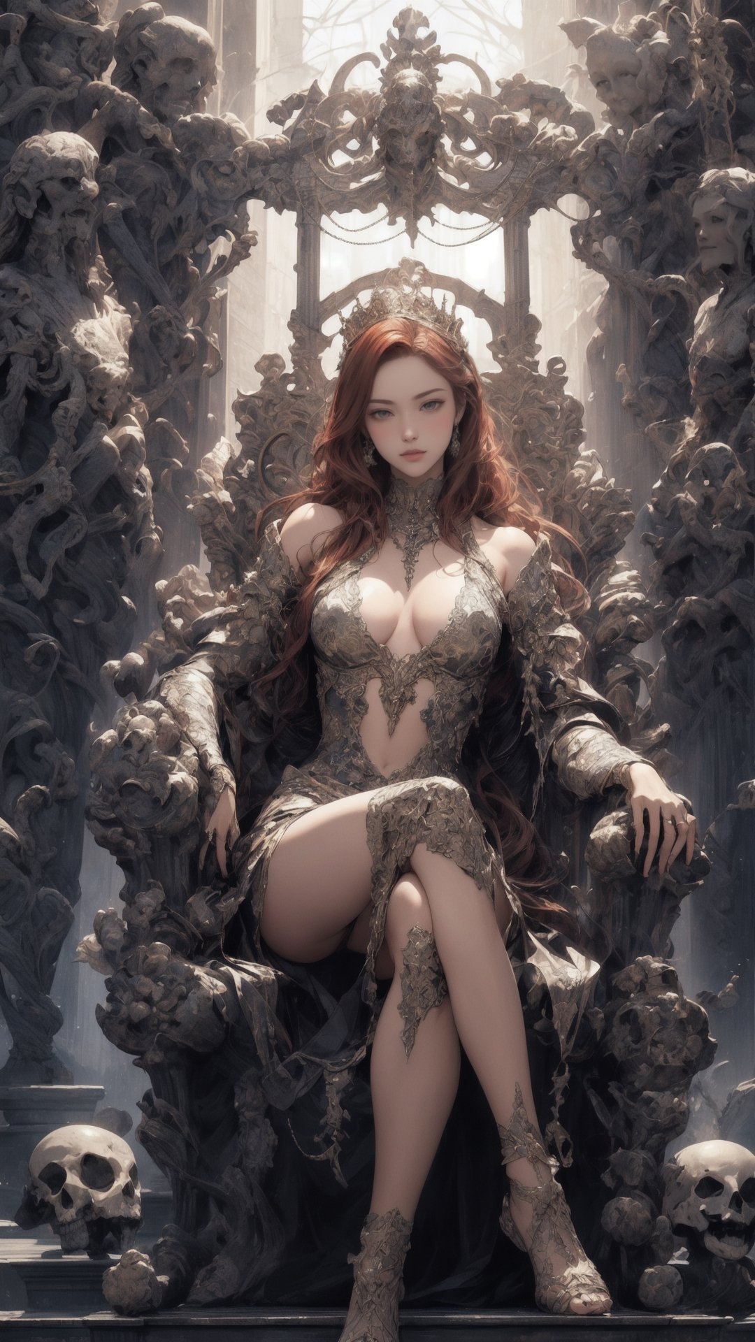 1girl,  best quality, one of the most beautiful images ever created,  vivid colours,  long hair,  High detailed,  perfect image unfolds with 8k resolution,  masterpiece,  ultra detailed image,  colorful, cute girl, clean image style, redhead beautifulgirl, High detailed, detailed beautiful face,fullbody,midjourney,oda non,A ancient imortal queen sitting in a trone made of bones and flesh,a very heavy death feeling is in the air,she looks soo young yet dangerous,she is almost the enbodiment of death + NSFW nudity.