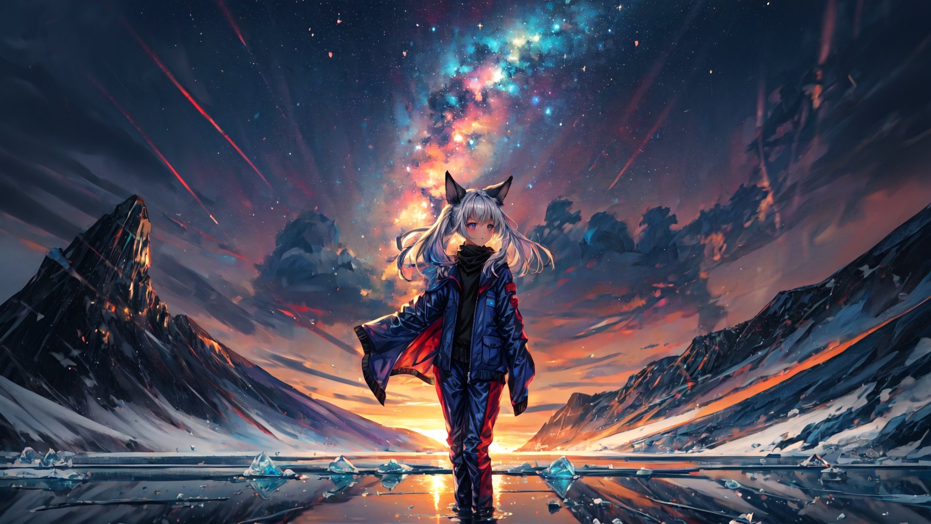 masterpiece,colorful,{best quality},detailed eyes,high constrast,ultra high res.,amidef,Seele is in a ice mountain seeing a huge blueprple glowing ice village with glowing nebula sky while the sun is setting down with big galaxy like stars.,giving a sad yet with a little hope. ,animal ears,long hair,hikaru1,layersuit,full_body,reflection in the ice