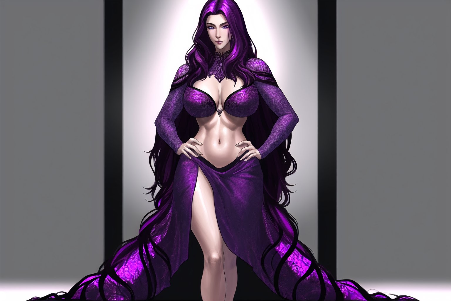 A stunning shot of a statuesque woman standing confidently, her towering height accentuated by the dramatic framing. Her luscious locks cascade down her back like a rich tapestry, with an inner glow of deep purple hues peeking out from beneath. The camera's gaze lingers on her impressive bustline as she poses effortlessly, exuding poise and sophistication against a neutral background that allows her striking features to take center stage.