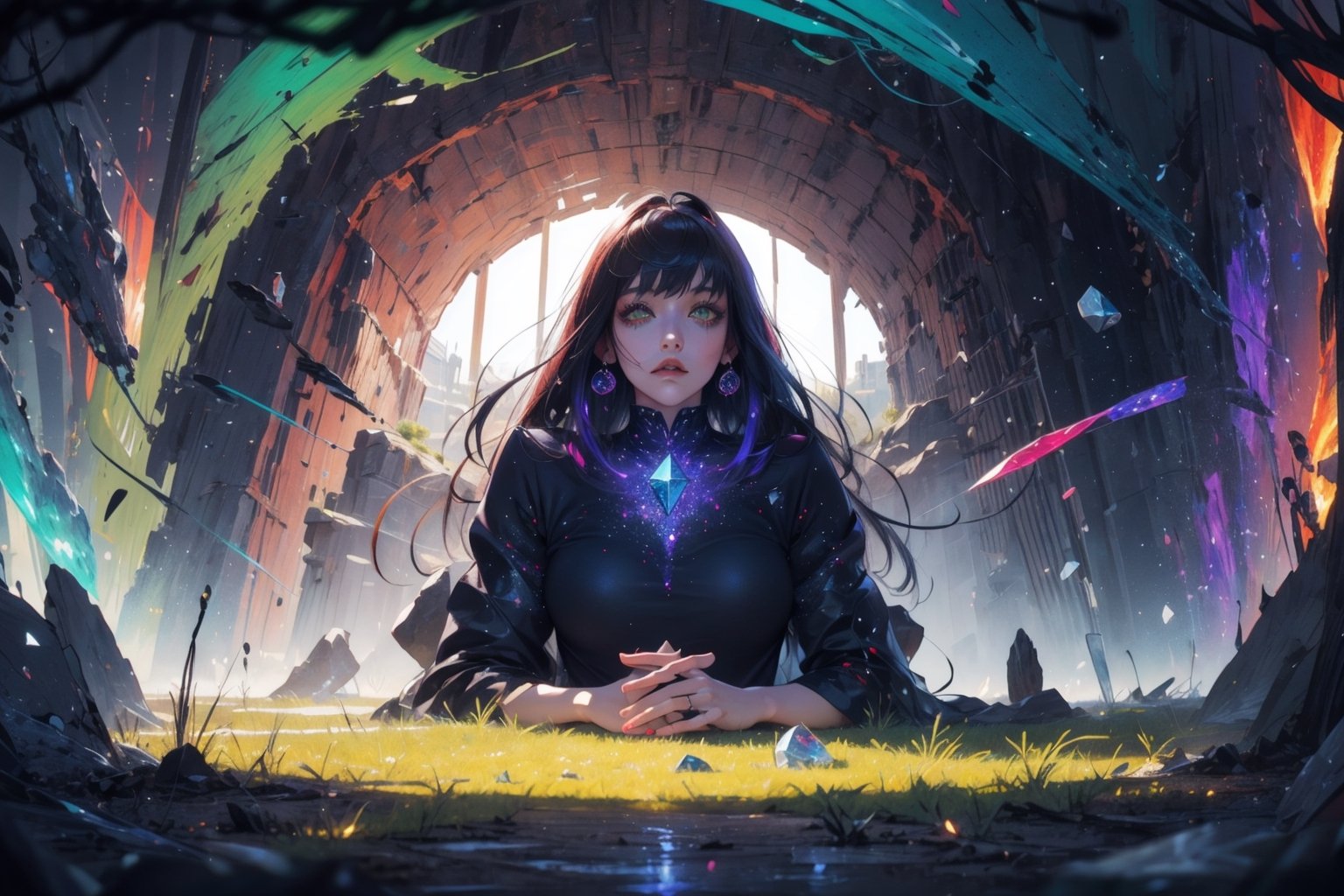 official art, ultra detailed, beautiful and aesthetic, masterpiece, best quality, 1girl, extremely detailed, dynamic angle, elegant, vivid colours,long hair,fullbody, green eyes,Makima is in a giant glowing cave with giant glowing crystals that are in different colors sometimes is blue red green or purple or other colour like gray,High detailed ,makima\(chainsaw man\).abstract