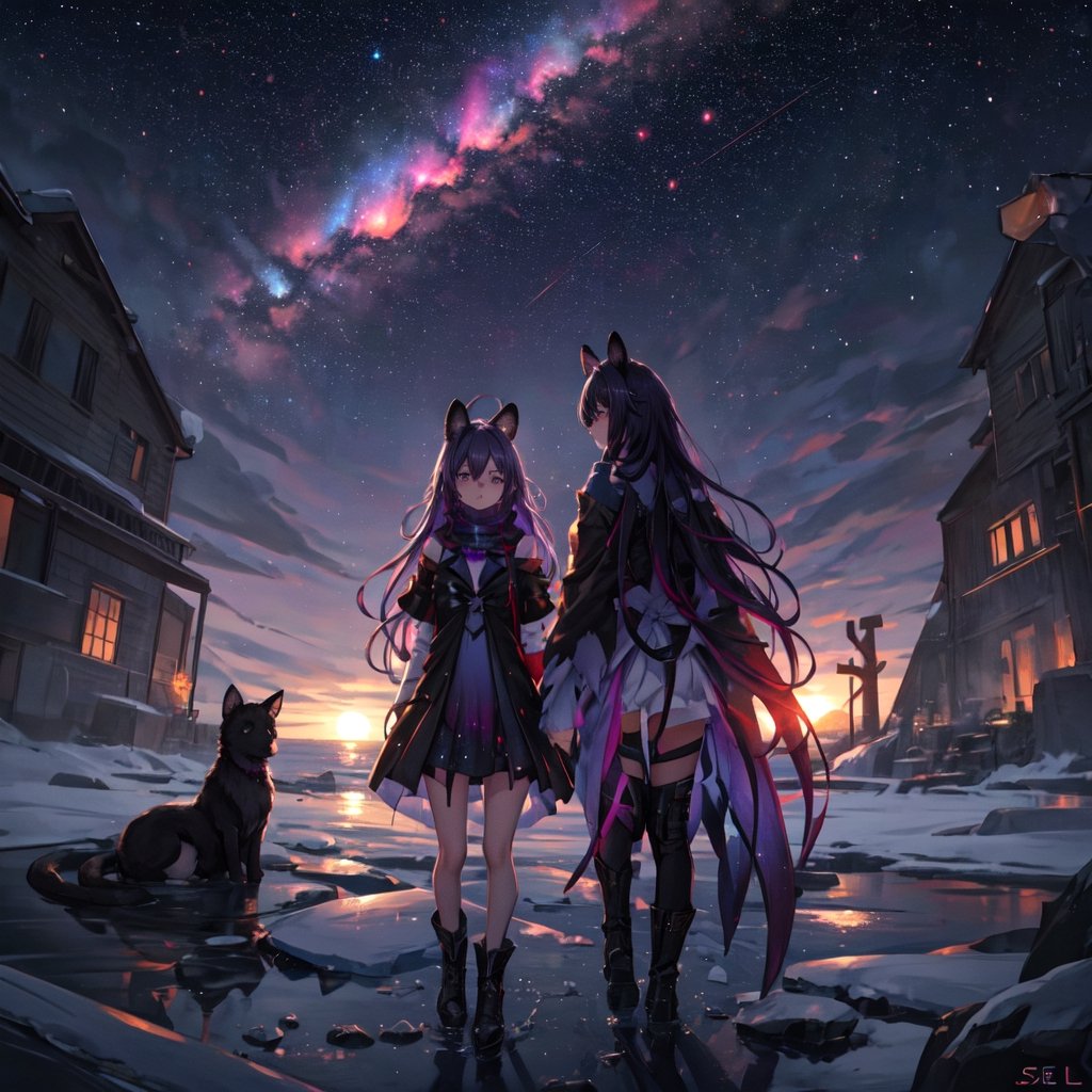 masterpiece,colorful,{best quality},detailed eyes,high constrast,ultra high res.,amidef,Seele is in a ice mountain seeing a huge glowing ice ravine with glowing nebula sky while the sun is setting down with big galaxy like stars.,giving a sad yet with a little hope. ,animal ears,long hair