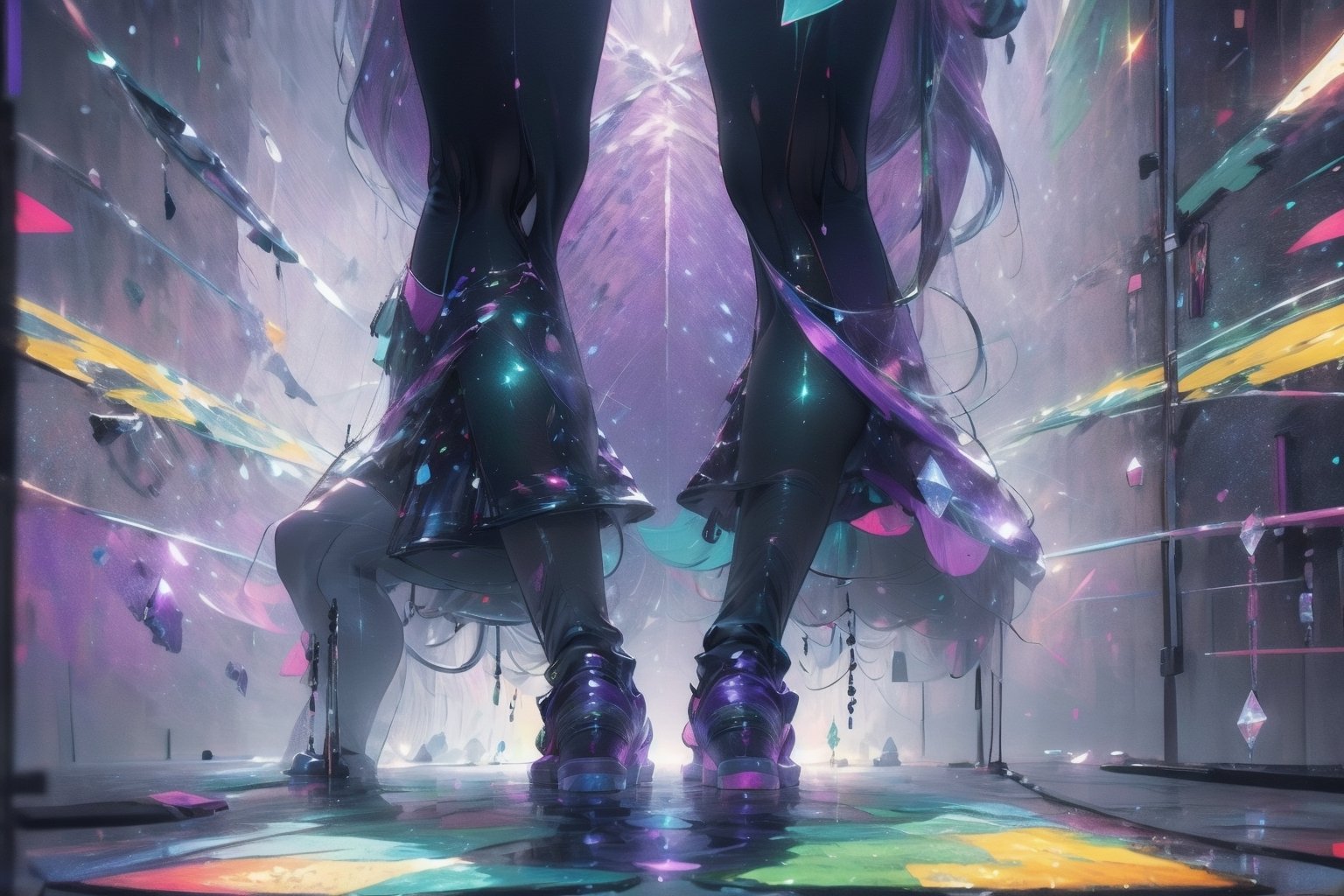 ultra detailed, masterpiece, best quality, 1girl, extremely detailed, vivid colours,long hair,fullbody, green eyes,Amiya is in a giant neon city with giant glowing crystals in walls that are in different colors sometimes is blue red green or purple or other colour like gray,High detailed,glitter,amidef