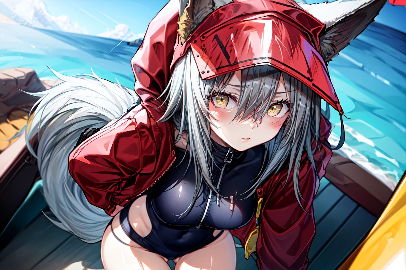 masterpiece, best quality , vivid colours,long hair,fullbody,High detailed,detailed face and eyes, long hair,camel_toe,panties showing,standing,front pov,sfw,vulva,ahoge,1girl,dynamicpose,clothes floating with the wind,powerful colours,projekt red from arknights chilling in a roof top,1girl,gray hair,navel,hot body,projekt red light breeze, yellow eyes, leaning forward, jacket, wolf tail, hood, open jacket, hooded jacket, red jacket, black one-piece swimsuit, thigh strap, unzipped, highleg swimsuit, ears through headwear,cum in her navel and thighs