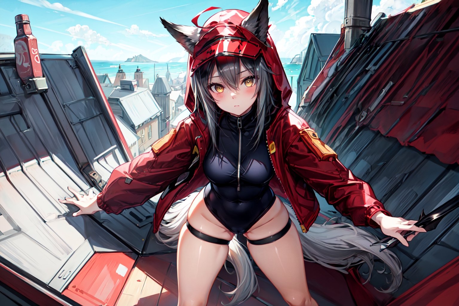 masterpiece, best quality , vivid colours,long hair,fullbody,High detailed,detailed face and eyes, long hair,camel_toe,panties showing,standing,front pov,sfw,vulva,ahoge,1girl,dynamicpose,clothes floating with the wind,powerful colours,projekt red from arknights chilling in a roof top,1girl,gray hair,navel,hot body,projekt red light breeze, yellow eyes, leaning forward, jacket, wolf tail, hood, open jacket, hooded jacket, red jacket, black one-piece swimsuit, thigh strap, unzipped, highleg swimsuit, ears through headwear,