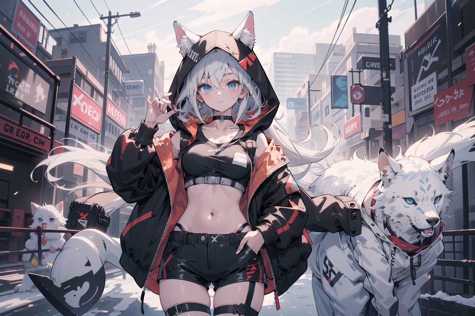 1girl, solo, long hair, breasts, looking at viewer, bangs, blue eyes, shirt, long sleeves, navel, animal ears, hair between eyes, medium breasts, closed mouth, standing, jacket, white hair, thighs, cowboy shot, open clothes, choker, midriff, hood, stomach, open jacket, black jacket, crop top, groin, thigh strap, fake animal ears, highleg, black choker, expressionless, thigh gap, hooded jacket, hood up, hand in pocket, animal hood