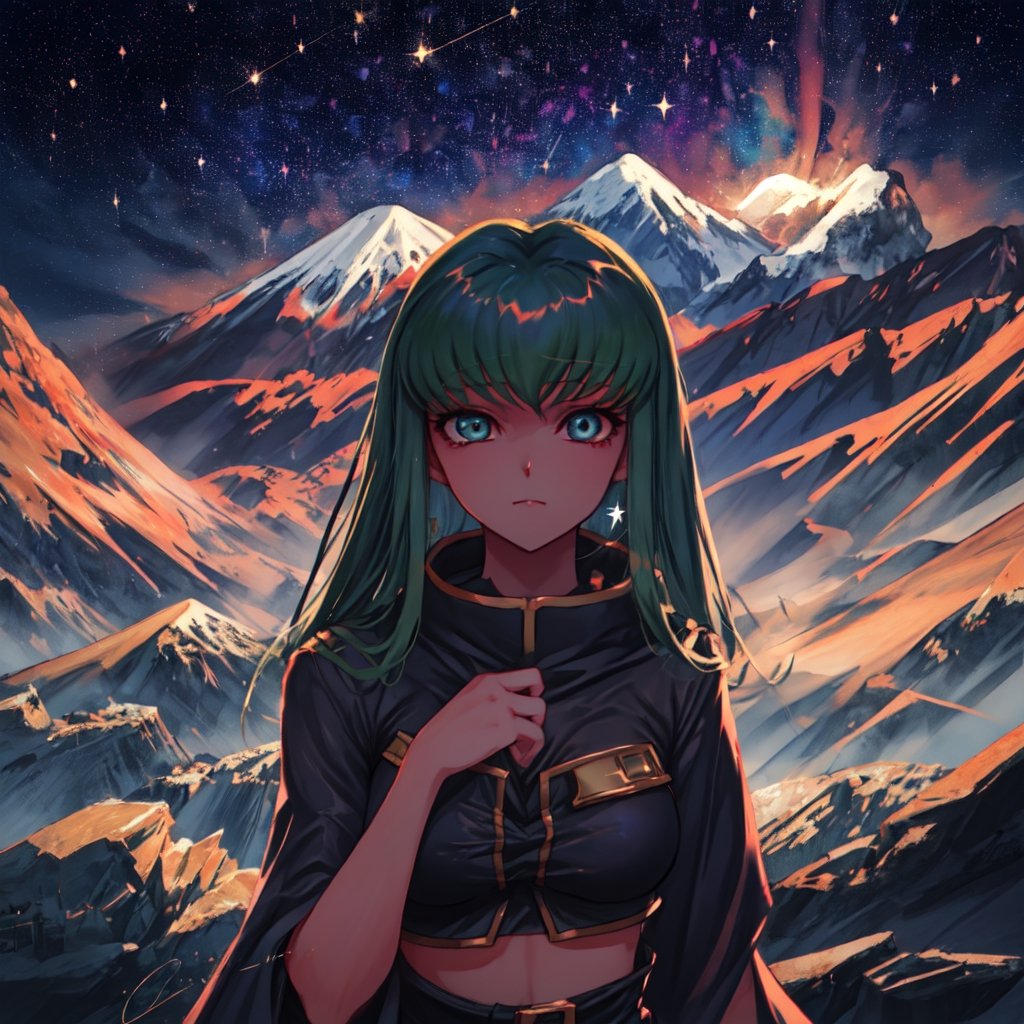 c.c,big_boobies,masterpiece,colorful,best quality,cute face, the background is a mountain like place where C.C is looking very cool looking galaxy like stars in midnight,detailed eyes,perfecteyes,EpicSky,giant stars,