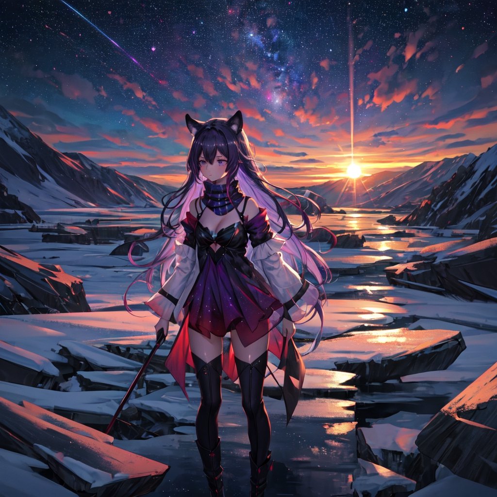 masterpiece,colorful,{best quality},detailed eyes,high constrast,ultra high res.,amidef,Seele is in a ice mountain seeing a huge glowing ice ravine with glowing nebula sky while the sun is setting down with big galaxy like stars.,giving a sad yet with a little hope. ,animal ears,long hair