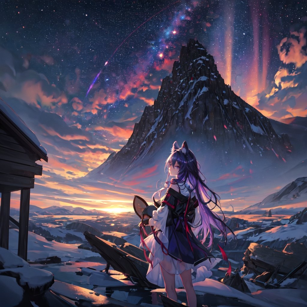 masterpiece,colorful,{best quality},detailed eyes,high constrast,ultra high res.,amidef,Seele is in a ice mountain seeing a huge glowing ice ravine with glowing nebula sky while the sun is setting down with big galaxy like stars.,giving a sad yet with a little hope. ,animal ears,long hair