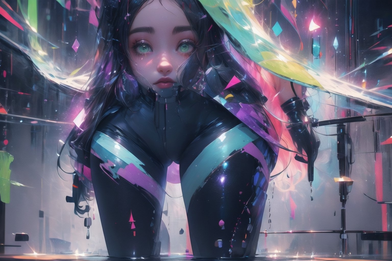 ultra detailed, masterpiece, best quality, 1girl, extremely detailed, vivid colours,long hair,fullbody, green eyes,Amiya is in a giant neon city with giant glowing crystals in walls that are in different colors sometimes is blue red green or purple or other colour like gray,High detailed ,
,abstract_background,glitter,amidef