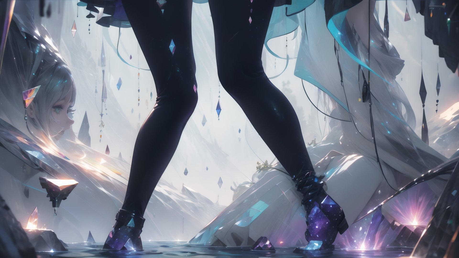 official art, ultra detailed, beautiful and aesthetic, masterpiece, best quality, 1girl, extremely detailed, dynamic angle, elegant, vivid colours,long hair,fullbody, green eyes,Amiya is in a giant glowing cave with giant glowing crystals that are in different colors sometimes is blue red green or purple or other colour like gray,High detailed ,
,abrstact_background,glitter,amidef