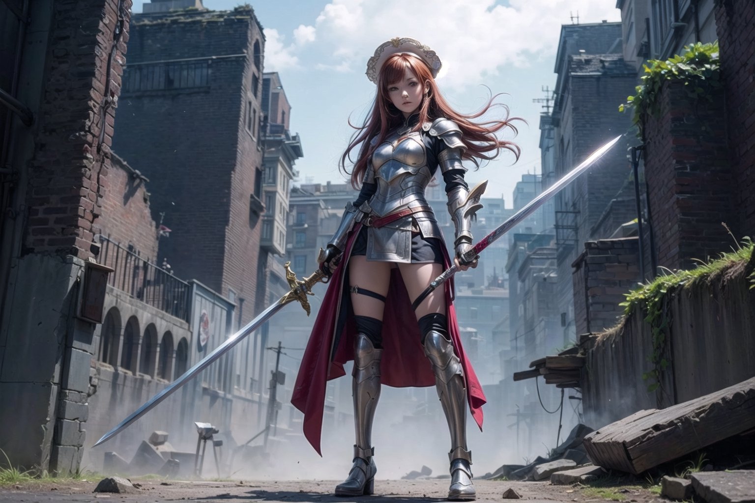 1girl, best quality,  vivid colours,  long hair,  High detailed,  perfect image unfolds with 8k resolution,  masterpiece,  ultra detailed image, colorful,cute girl,clean image style,fullbody,redhead beautifulgirl,High detailed, a girls standing out with a armour costume, she have a sword in hand  and she is raising the sword to the skies,realhands,she is in a plains biome,holding a sword