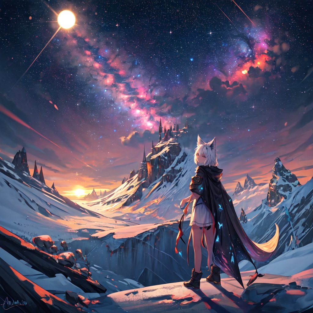 masterpiece,colorful,{best quality},detailed eyes,high constrast,ultra high res.,amidef,
amiya is in a ice mountain seeing a huge glowing ice ravine with glowing nebula sky while the sun is setting down with big galaxy like stars.,giving a sad yet with a little hope. ,animal ears