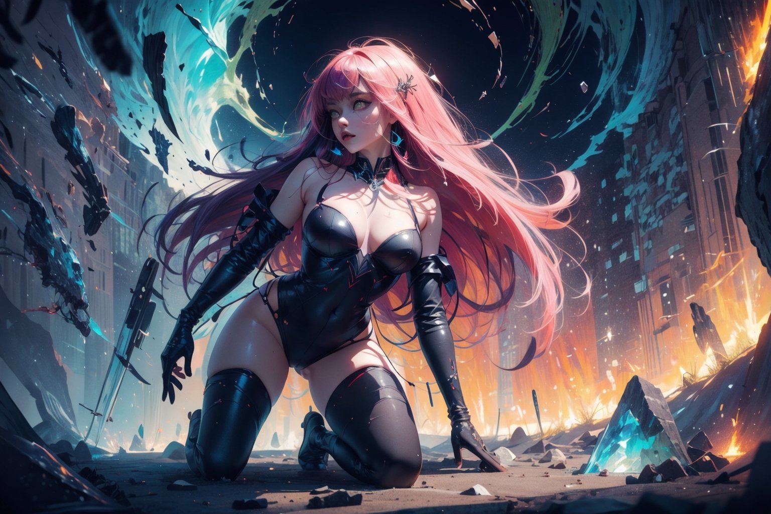 official art, ultra detailed, beautiful and aesthetic, masterpiece, best quality, 1girl, extremely detailed, dynamic angle, elegant, vivid colours,long hair,fullbody, green eyes,Makima is in a giant glowing cave with giant glowing crystals that are in different colors sometimes is blue red green or purple or other colour like gray,High detailed ,makima (chainsawman\).,
abstract_background