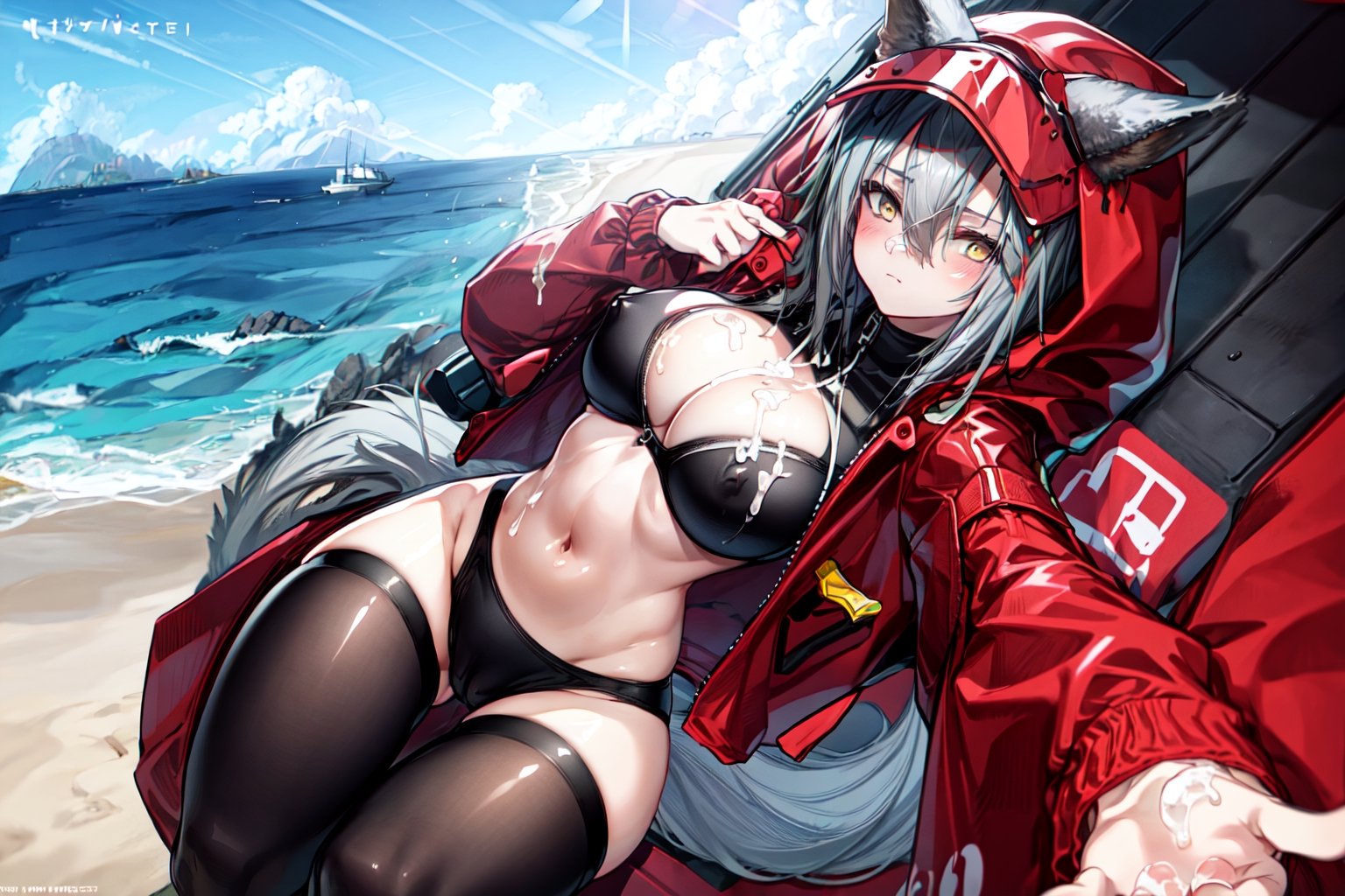 masterpiece, best quality , vivid colours,long hair,fullbody,High detailed,detailed face and eyes, long hair,camel_toe,panties showing,standing,front pov,sfw,vulva,ahoge,1girl,dynamicpose,clothes floating with the wind,powerful colours,projekt red from arknights chilling in a roof top,1girl,gray hair,navel,hot body,projekt red light breeze, yellow eyes, leaning forward, jacket, wolf tail, hood, open jacket, hooded jacket, red jacket, black one-piece swimsuit, thigh strap, unzipped, highleg swimsuit, ears through headwear,cum in her navel and thighs