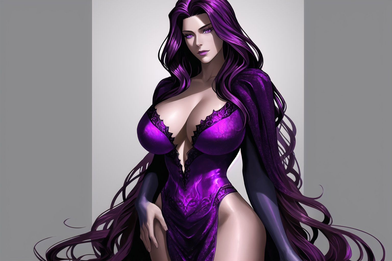 A stunning shot of a statuesque woman standing confidently, her towering height accentuated by the dramatic framing. Her luscious locks cascade down her back like a rich tapestry, with an inner glow of deep purple hues peeking out from beneath. The camera's gaze lingers on her impressive bustline as she poses effortlessly, exuding poise and sophistication against a neutral background that allows her striking features to take center stage.