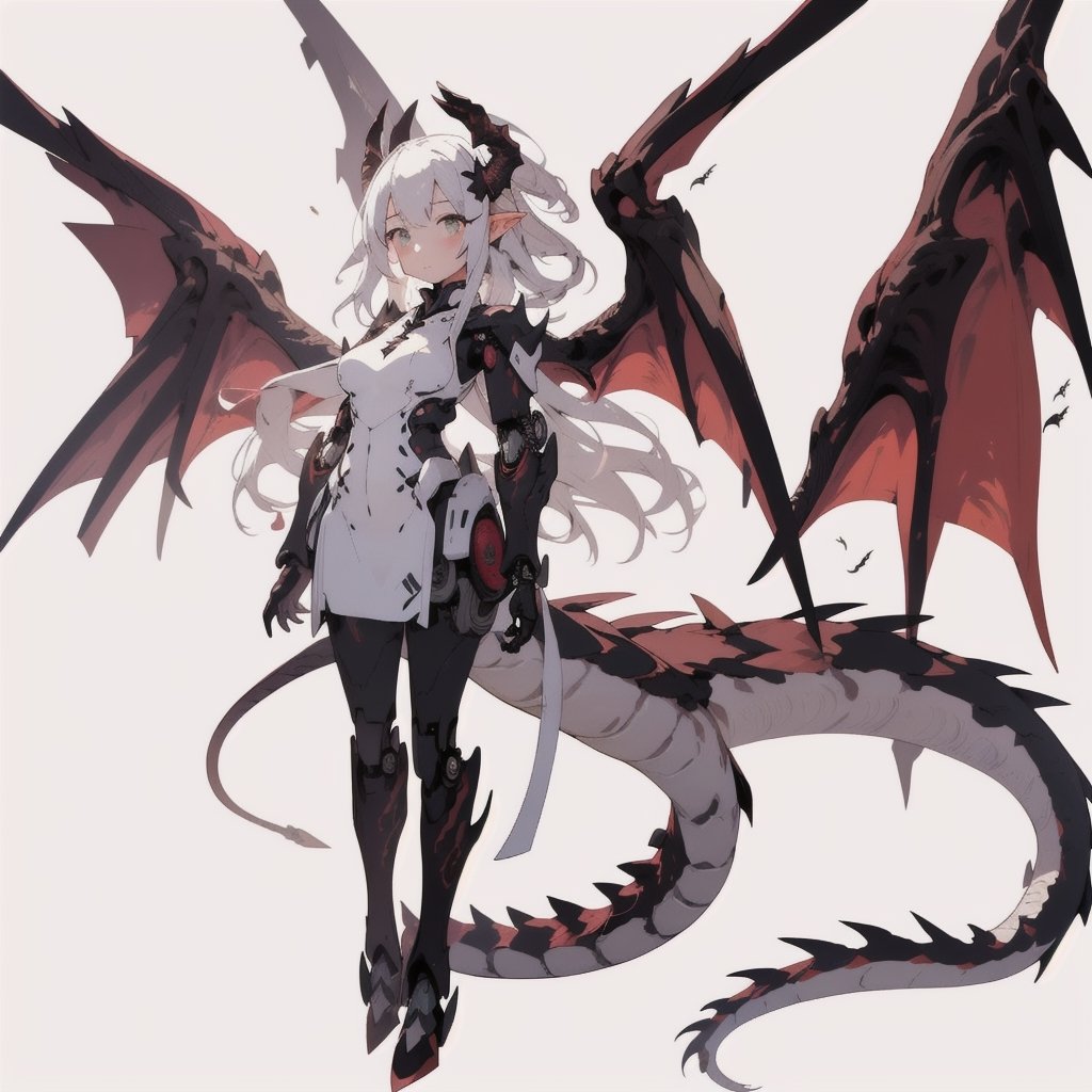 best quality”, “masterpiece”, “illustration”, “1girl”, “solo”, “full body”, “Mecha”, “machine”, “Dragon ear”, “Blank background”, Dragon wings, dragon tail,and “dragon horn”,dragon ear, a girl standing tall while floating in the air with open wings,tiny_breasts