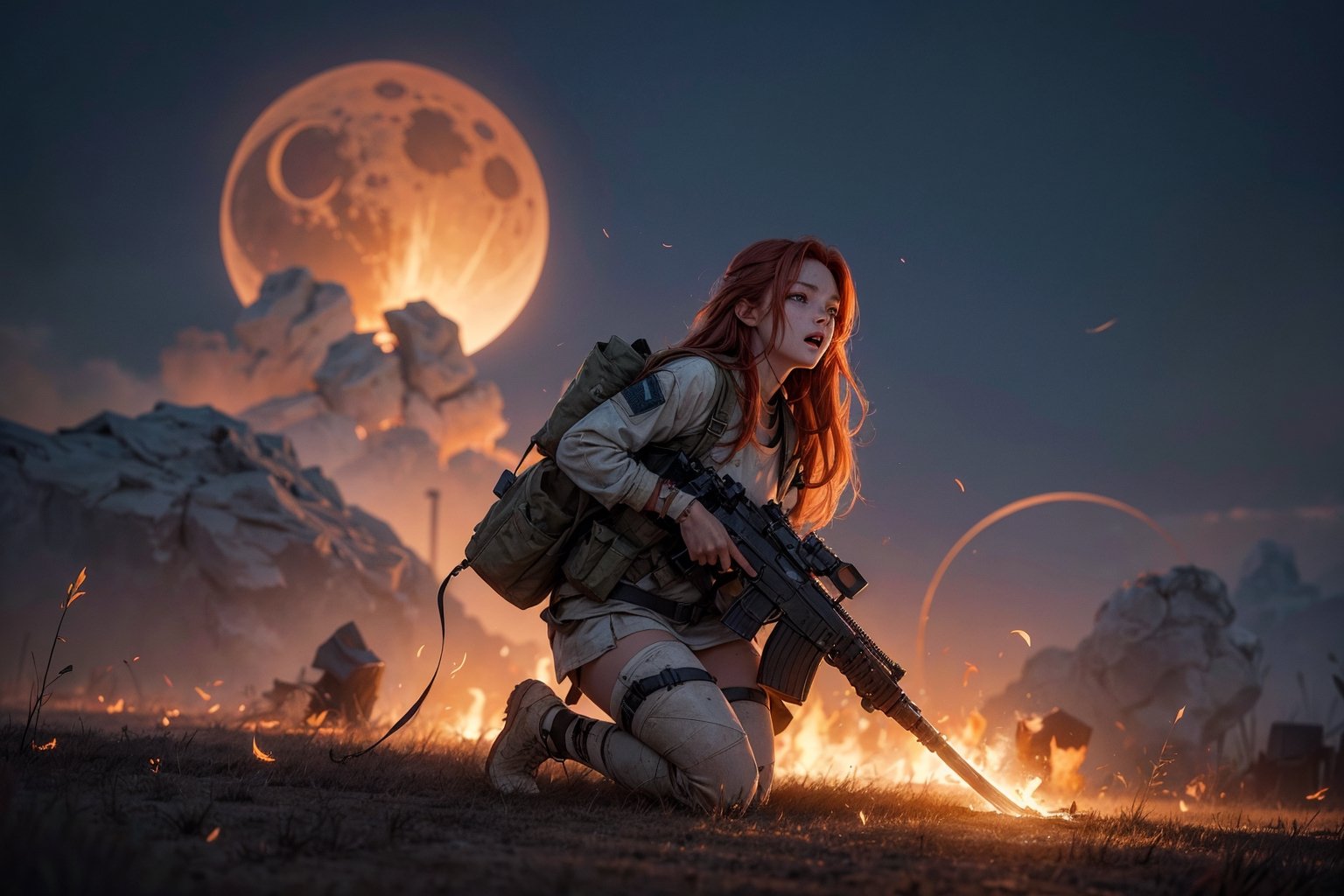 1girl,  best quality, one of the most beautiful images ever created,  vivid colours,  long hair,  High detailed,  perfect image unfolds with 8k resolution,  masterpiece,  ultra detailed image,  colorful, cute girl, clean image style, redhead beautifulgirl, High detailed, she is in a plains biome, detailed beautiful face,fantasy00d,fullbody,After a very long fight a Future soldier (female) is coming home through the burning cursed eclipse field,the field is all burning with a huge destruction this flames is the souls of the dead screaming back to the female soldier.