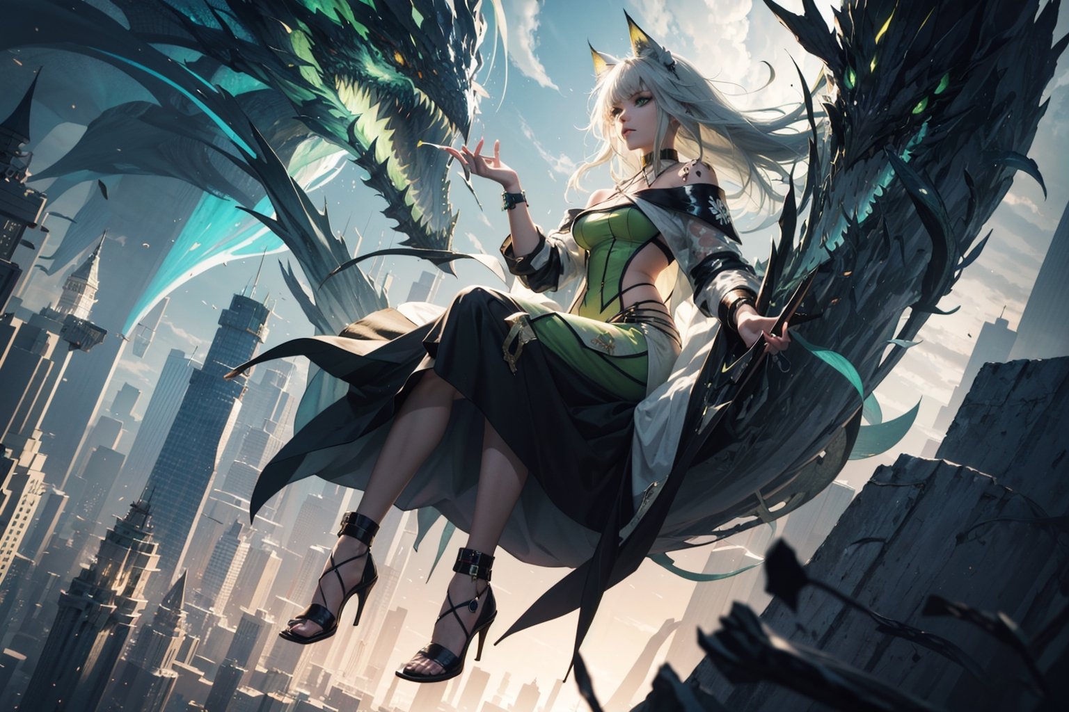 official art, unity 8k wallpaper, ultra detailed, beautiful and aesthetic, masterpiece, best quality, (fractal art:1.3) , 1girl, extremely detailed, dynamic angle, elegant, vivid colours, atmospheric,long hair,helbard in hand,
fullbody, green eyes,kaldef,kal'tsit floanting above ground,glowing buildings