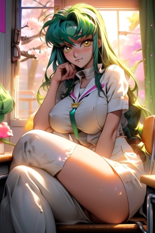 c.c,big_boobies,masterpiece,colorful,best quality, c.c sitting cross leg with hand into the chin,cute face, the background is a classroom where theres a huge window which light comes true and c.c is alone just chilling looking at the sakura trees through the window,c.c.,detailed hand and eyes