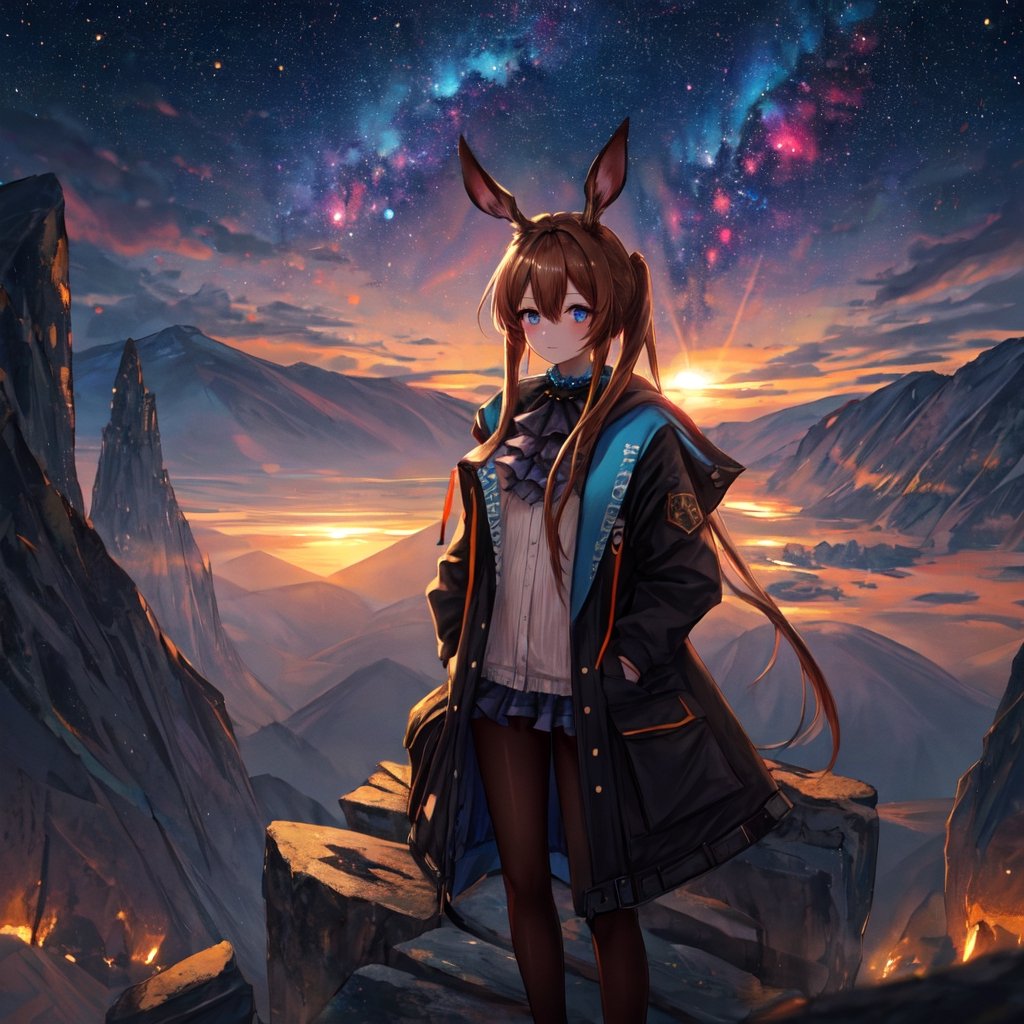 masterpiece,colorful,{best quality},detailed eyes,high constrast,ultra high res.,amidef,
amiya is in a mountain seeing a huge glowing ravine with glowing nebula sky while the sun is setting down with big galaxy like stars.,giving a sad yet with a little hope. ,animal ears