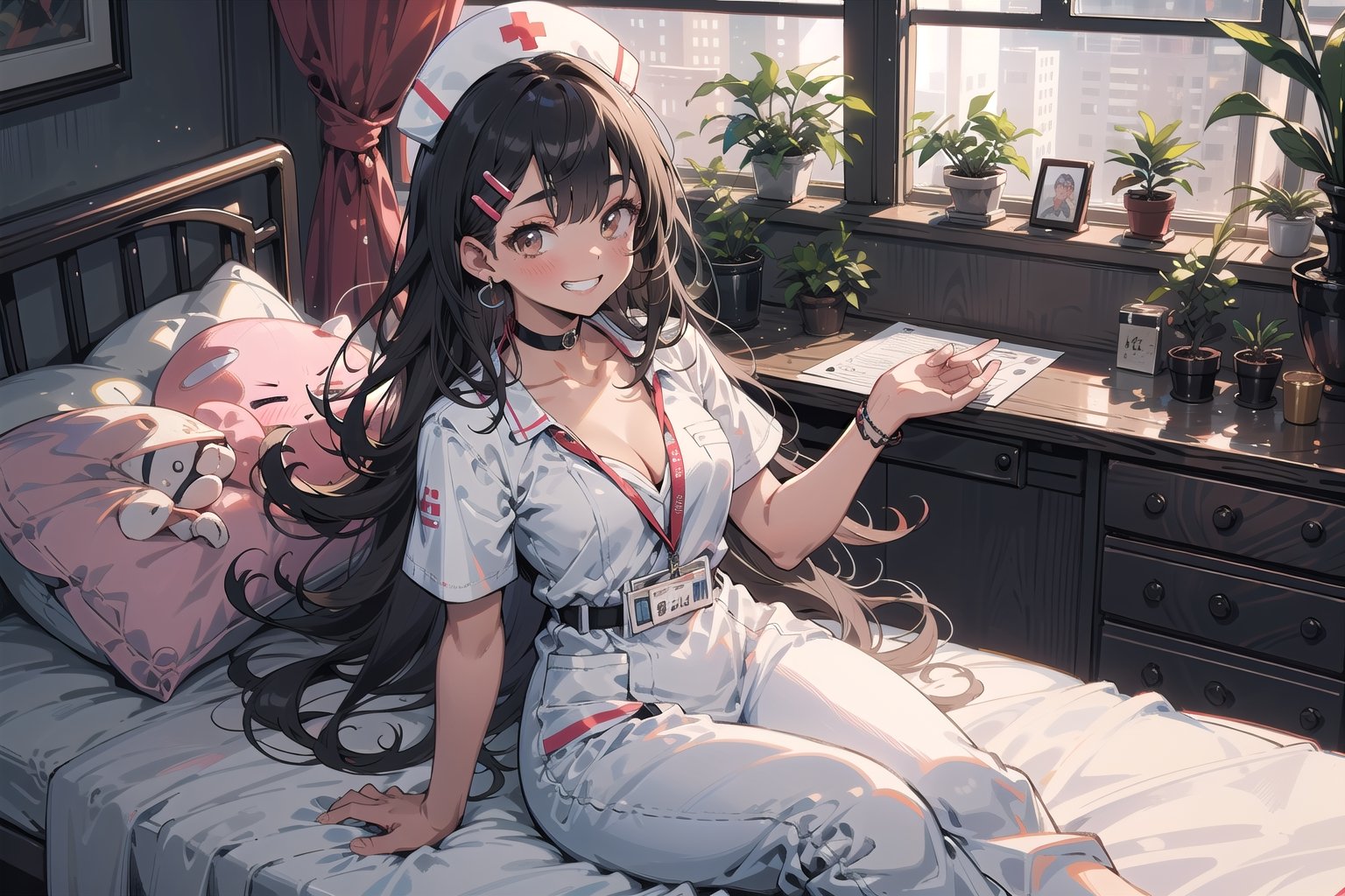 1girl, solo, long hair, breasts, looking at viewer, blush, smile, bangs, black hair, hair ornament, hat, dress, cleavage, brown eyes, medium breasts, sitting, collarbone, short sleeves, choker, hairclip, indoors, dark skin, white dress, grin, dark-skinned female, pillow, window, bed, on bed, plant, nurse cap, name tag, potted plant, nurse, id card, white choker, clipboard, lanyard, earclip, hospital bed, nagatoro hayase