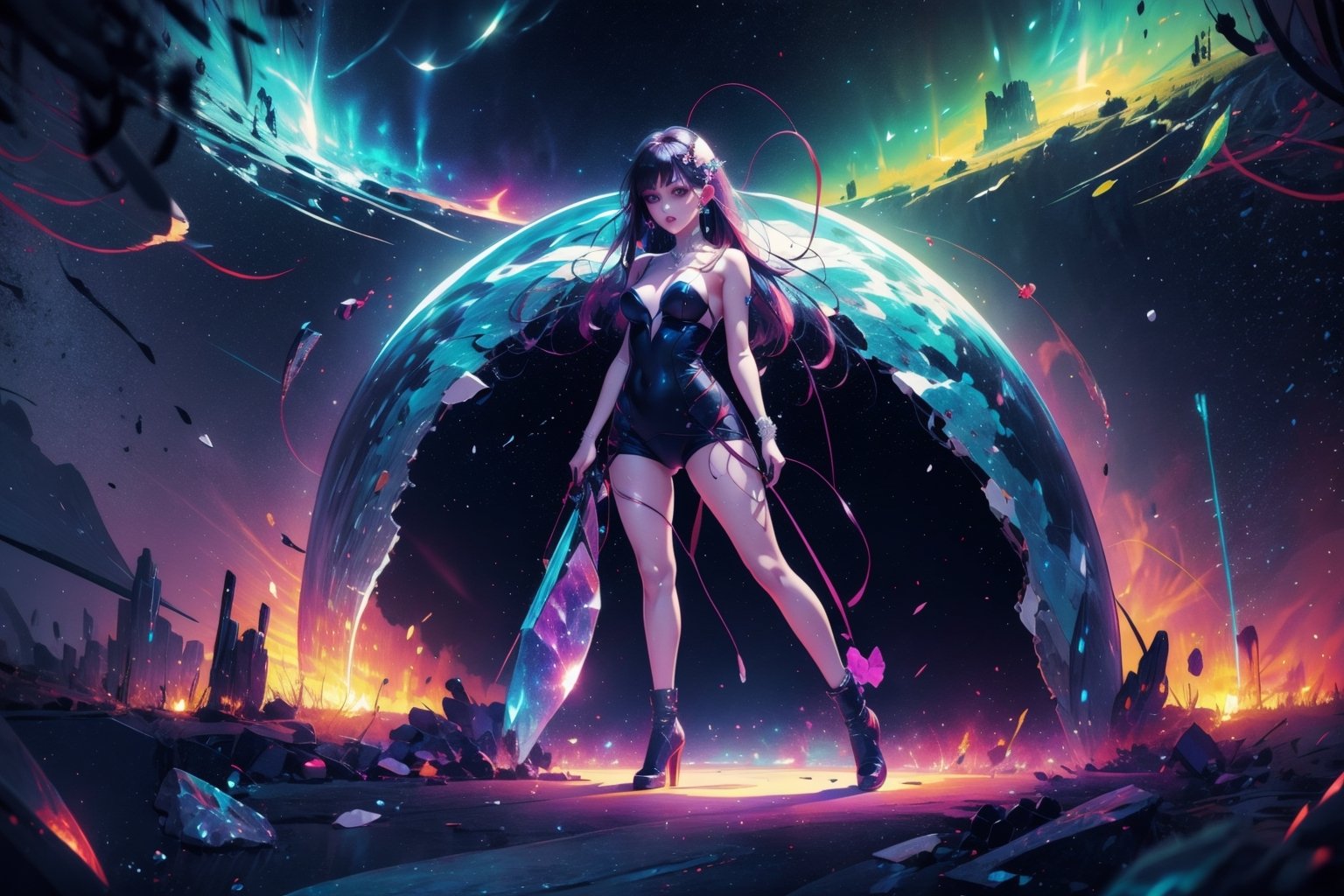 official art, ultra detailed, beautiful and aesthetic, masterpiece, best quality, 1girl, extremely detailed, dynamic angle, elegant, vivid colours,long hair,fullbody, green eyes,Makima is in a giant glowing nebula cave with giant glowing crystals that are in different colors sometimes is blue red green or purple or other colour like gray,High detailed ,makima\(chainsaw man\)