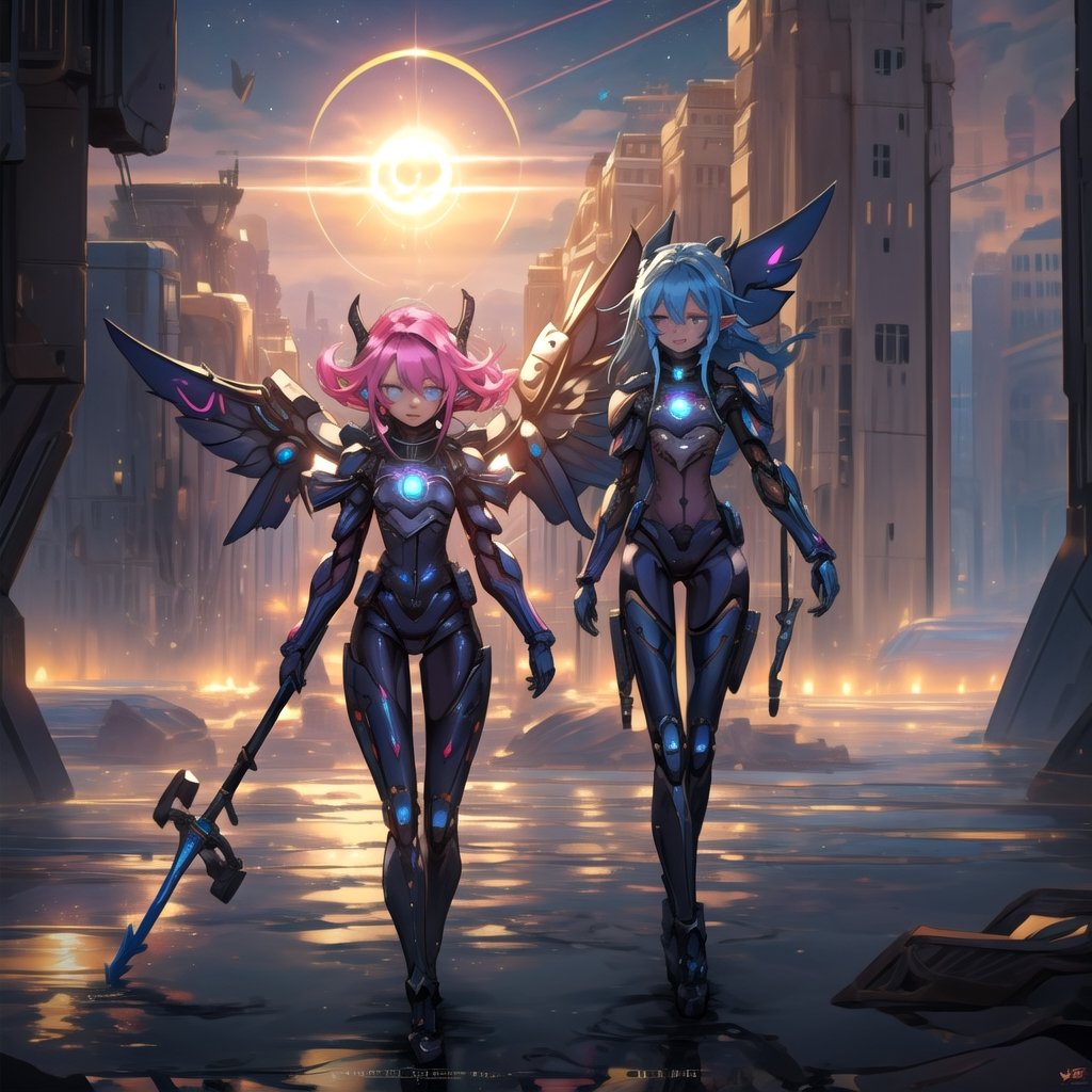 masterpiece,colorful,best quality,detailed hand and eyes, pupil_ magic:circle eye,high constrast,ultra high res,mecha musume,mecha,mecha girl, "A hot human elf girl is inside a amazing mecha bodysuit armour that cover some parts of her body and that armour easily shines agains the sun rays coming from around her she's uses 2 mecha gloves with the same colors in her breath taking mechanical thruster style wings that makes her float above the ground,shes looking at a building with her colorful glowing eyes and a curious face she is searching for something in that
vast ruins of once a giant city with very open space around her,the wings glow at a nebular colorfull color with her full body showing in a humanoid form,she has a small body.Mechanical parts,bodysuit,she have a tiny yet powerful scythe that can cut through almost everything and follows her around protecting her,theres a huge sun with a magic circle in it,where she is theres water at her feet,theres something that look like a human watching her from distance.