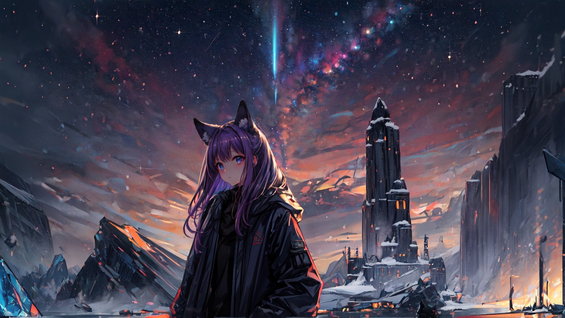 masterpiece,colorful,{best quality},detailed eyes,high constrast,ultra high res.,amidef,Seele is in a ice mountain seeing a huge blueprple glowing ice village with glowing nebula sky while the sun is setting down with big galaxy like stars.,giving a sad yet with a little hope. ,animal ears,long hair,hikaru1,layersuit