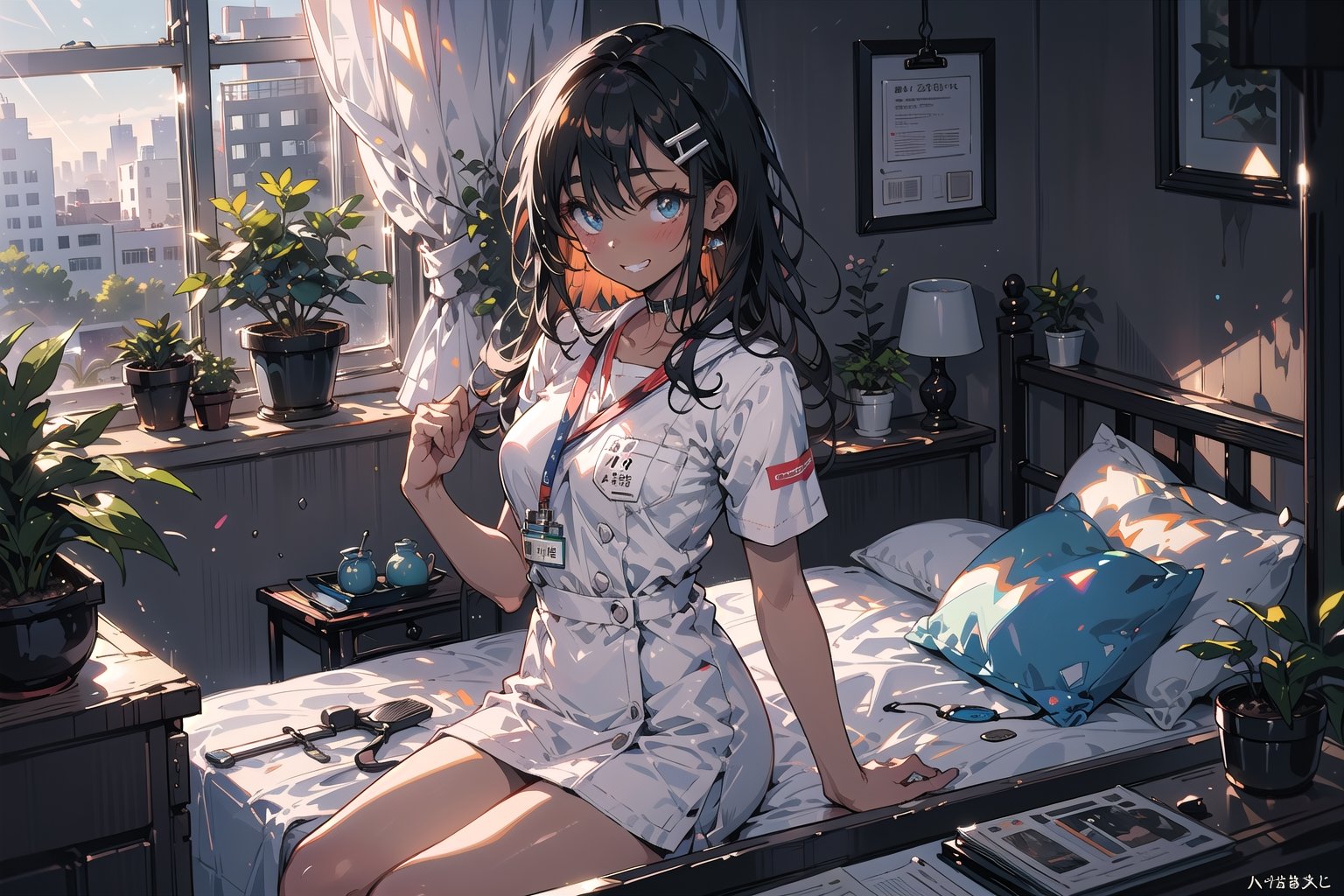 A stunning dark-skinned female sits on a hospital bed, surrounded by soft lighting. Her long black hair flows down her back, adorned with a hair ornament and secured by a hair clip. She wears a crisp white nurse's uniform, complete with a name tag, lanyard, and clipboard. Her eyes sparkle with a warm brown color as she gazes directly at the viewer. A subtle blush rises to her cheeks, accompanied by a bright, toothy grin. Her short sleeves showcase medium-sized breasts, partially obscured by a white choker. She cradles a pillow in one hand, while her other hand rests on the bed's railing. A potted plant sits nearby, adding a touch of greenery to the scene. The background features a window with soft, blurred curtains, and a hospital bed's metal frame adds depth to the composition. Nagatoro Hayase, her identity revealed by the name tag, exudes confidence and charm as she basks in the warm glow of the setting.,shine eyes01,1girl