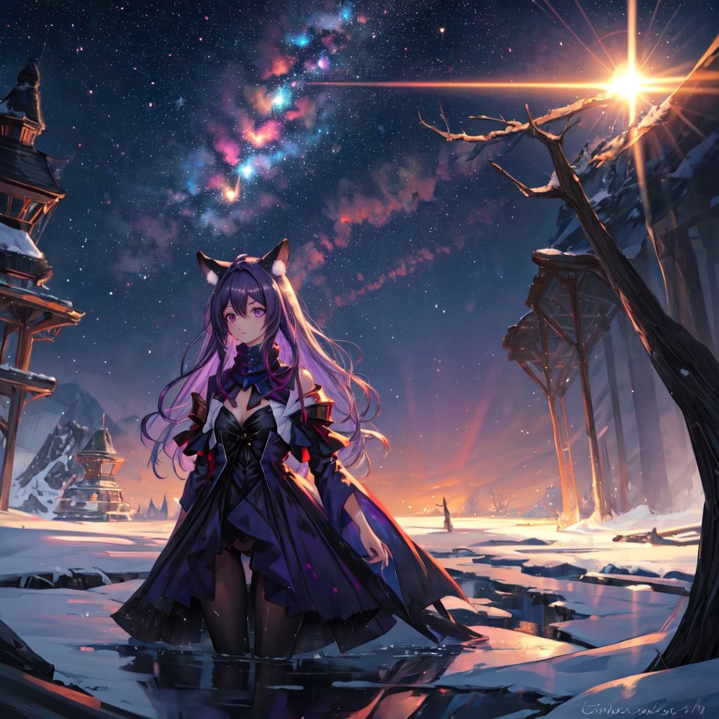 masterpiece,colorful,{best quality},detailed eyes,high constrast,ultra high res.,amidef,Seele is in a ice mountain seeing a huge glowing ice ravine with glowing nebula sky while the sun is setting down with big galaxy like stars.,giving a sad yet with a little hope. ,animal ears,long hair