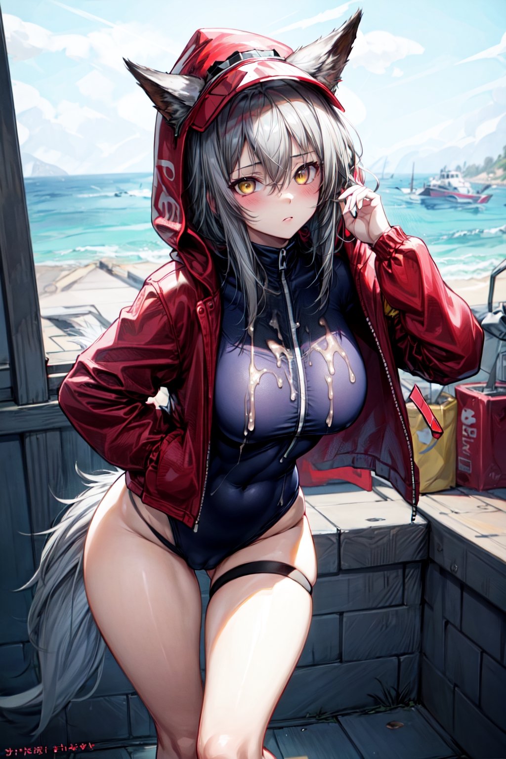 masterpiece, best quality , vivid colours,long hair,fullbody,High detailed,detailed face and eyes, long hair,camel_toe,panties showing,standing,front pov,sfw,vulva,ahoge,1girl,dynamicpose,clothes floating with the wind,powerful colours,projekt red from arknights chilling in a roof top,1girl,gray hair,navel,hot body,projekt red light breeze, yellow eyes, leaning forward, jacket, wolf tail, hood, open jacket, hooded jacket, red jacket, black one-piece swimsuit, thigh strap, unzipped, highleg swimsuit, ears through headwear,cum in her navel,