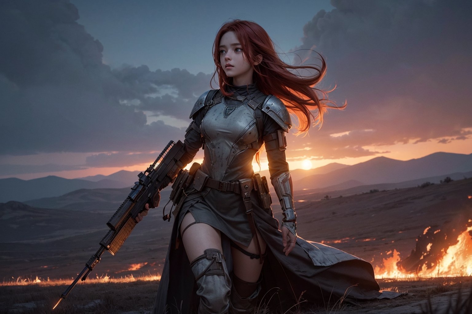 1girl,  best quality, one of the most beautiful images ever created,  vivid colours,  long hair,  High detailed,  perfect image unfolds with 8k resolution,  masterpiece,  ultra detailed image,  colorful, cute girl, clean image style, redhead beautifulgirl, High detailed, she is in a plains biome, detailed beautiful face,fantasy00d,fullbody,After a very long fight a Future soldier (female) is coming home through the burning cursed eclipse field,the field is all burning with a huge destruction this flames is the souls of the dead screaming back to the female soldier.